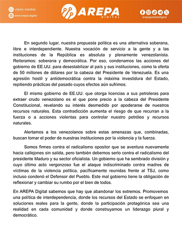 Comunicado oficial del partido AREPA Digital contra la recompensa internacional y el radicalismo (3)