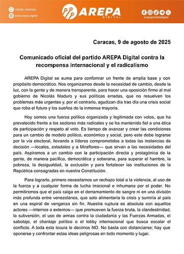 Comunicado oficial del partido AREPA Digital contra la recompensa internacional y el radicalismo (1)