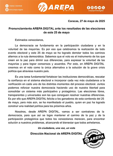Pronunciamiento AREPA DIGITAL ante los resultados de las elecciones de este 25 de mayo