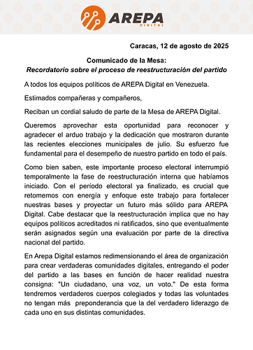 Comunicado de la Mesa - Recordatorio sobre el proceso de reestructuración del partido (1)